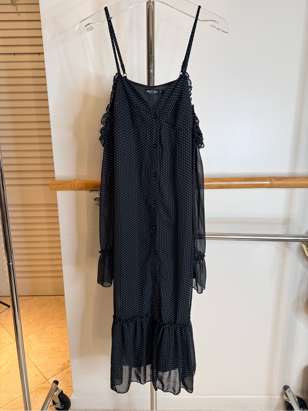 Nasty Gal Black Polka Dot Cold Shoulder Ruffle Maxi Dress US 4